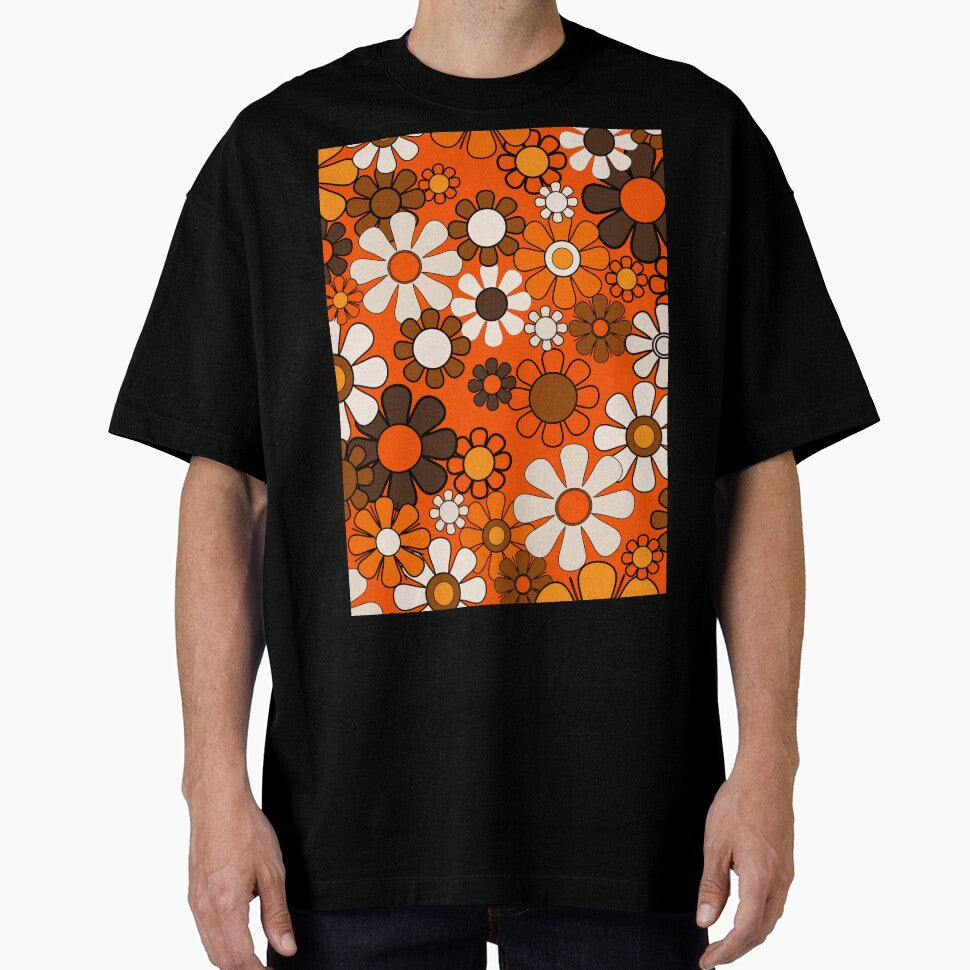 Retro 70s Floral Pattern Groovy Garden Flowers in Orange and Brown by kierkegaard