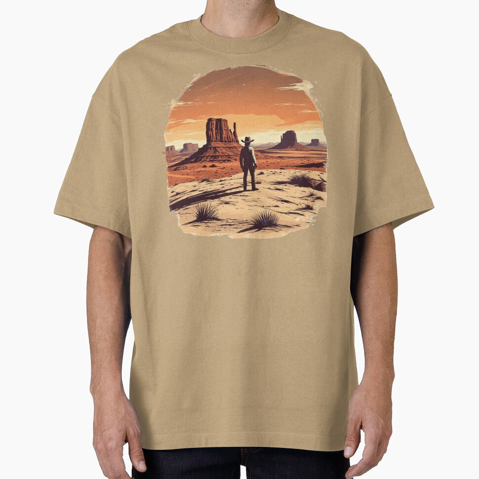 Lone Cowboy in the Wild West Desert – Vintage Western Landscape by NegarTv Designs by NegarTv Designs