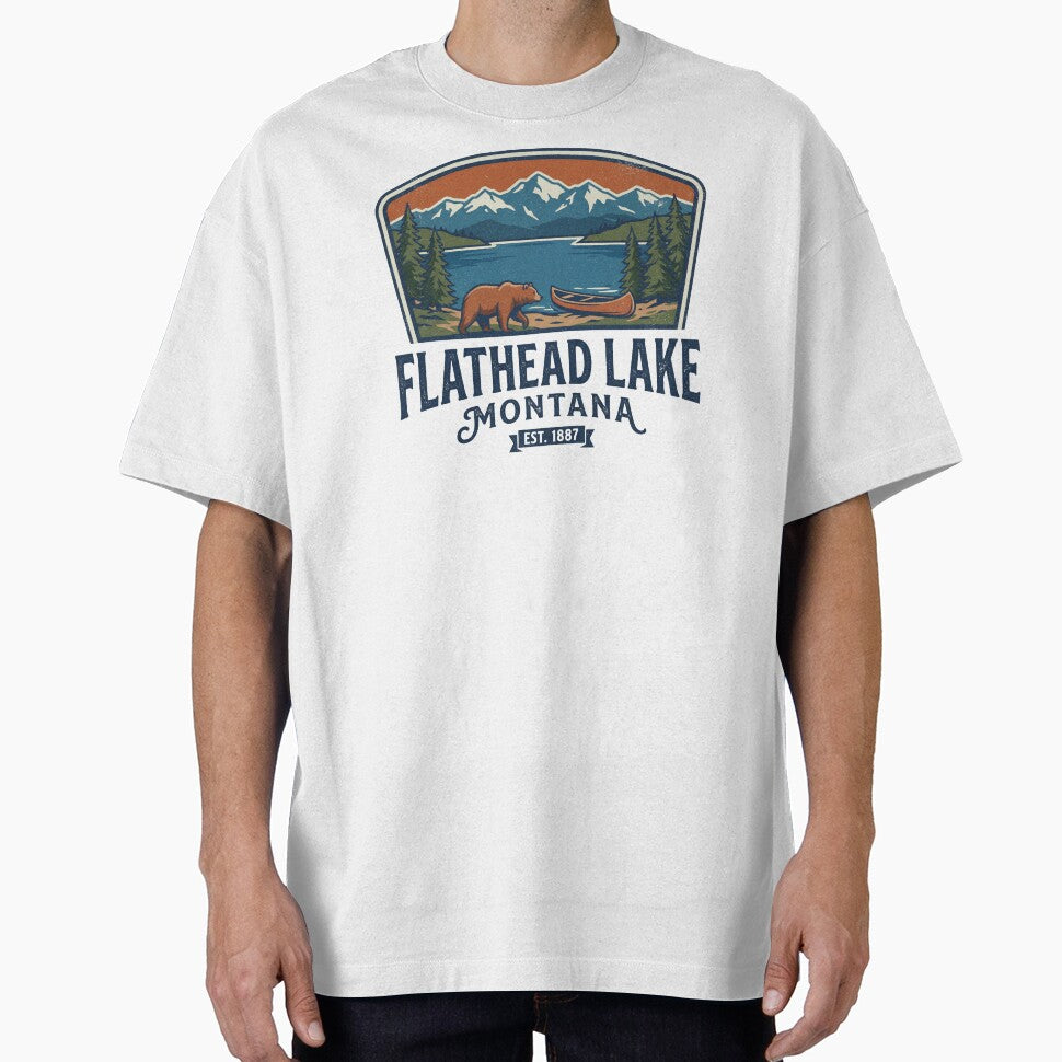 Flathead Lake Montana Vintage Bear Canoe Mountain Lake Retro National Park Style by Milasneeze