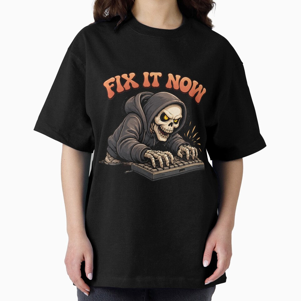 Fix It Now Funny Skeleton Programmer T-Shirt | Lazy Coding Meme Graphic Tee by Raw Tigers
