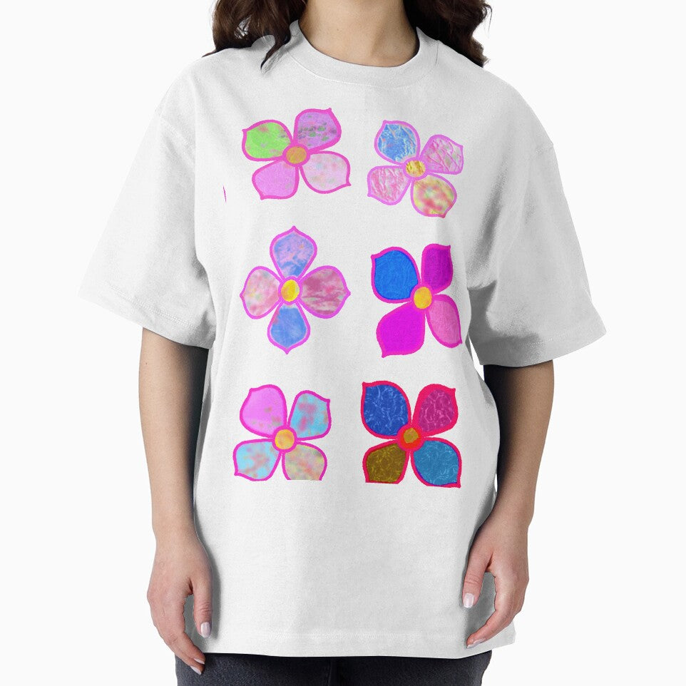 Stained Glass Colorful Pink, Blue, Yellow, and Green Flowers - Hand-drawn by Victoria Rose