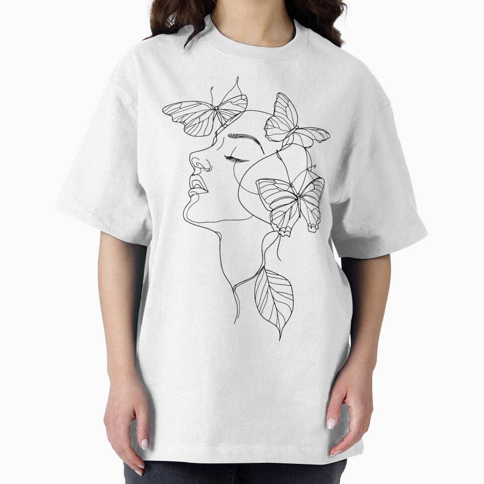 Minimalist Woman Face Line Art with Butterflies Elegant Abstract Design by meganohm