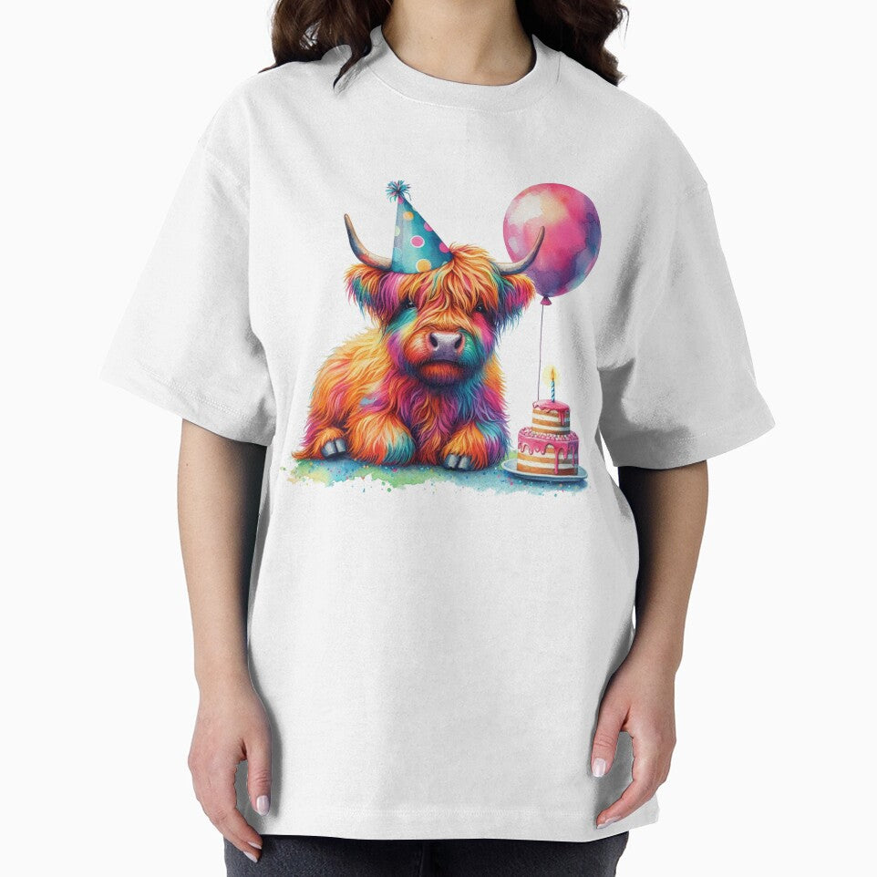 Scottish Highland Cow Calf Celebrating a Happy Birthday Colorful Watercolor by MaedK