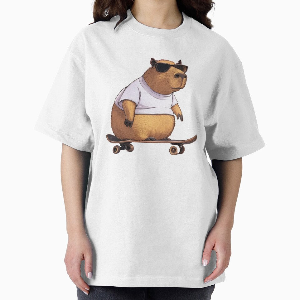 Capybara wearing sunglasses riding a skateboard on the street. by Floresdelimao