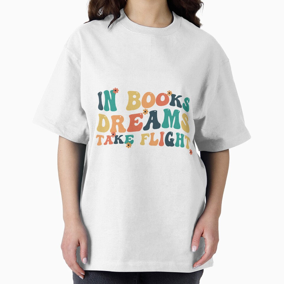 IN BOOKS DREAMS TAKE FLIGHT | literary sticker, book sticker, poet sticker, literature sticker, librarian sticker, retro aesthetic indie clothing, and bookish t-shirt. by That Dream Store
