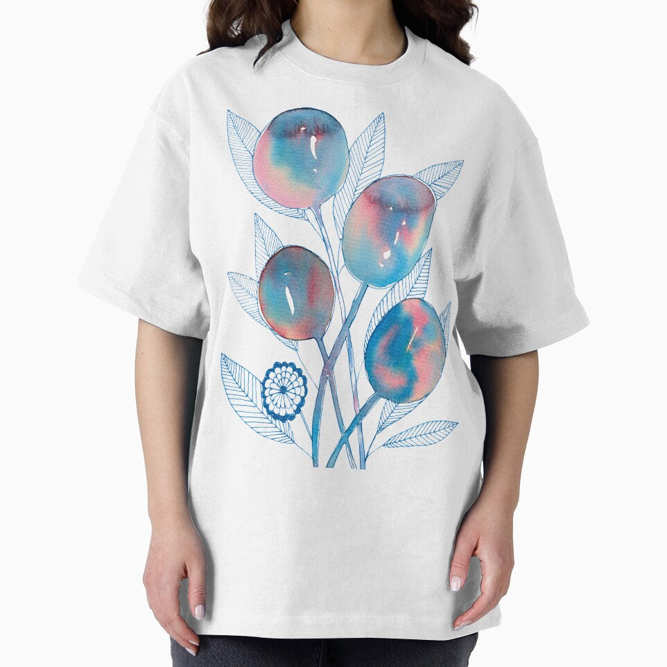 Blue Pink Botanical Fruit Branch: Watercolour Line Art by ArithraStudio