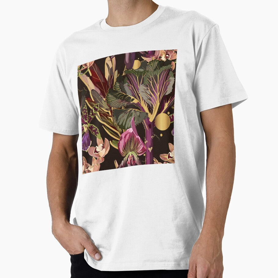 Tropical floral seamless pattern background with exotic dark violet flowers, golden elements and leaves. by MatyKotiv