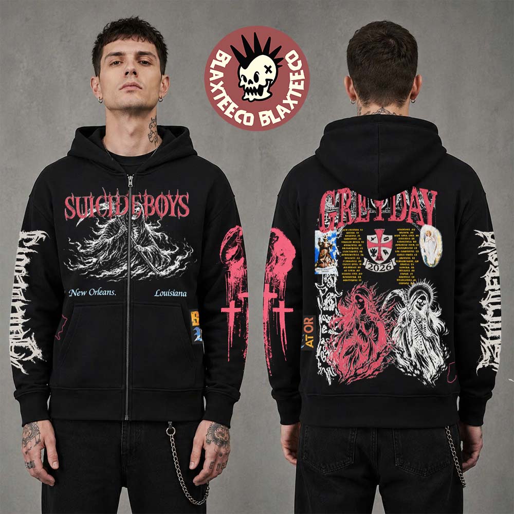 $uicideboy$ Greyday 2026 Tour Merch Grim Reaper Black Zip Up Hoodie