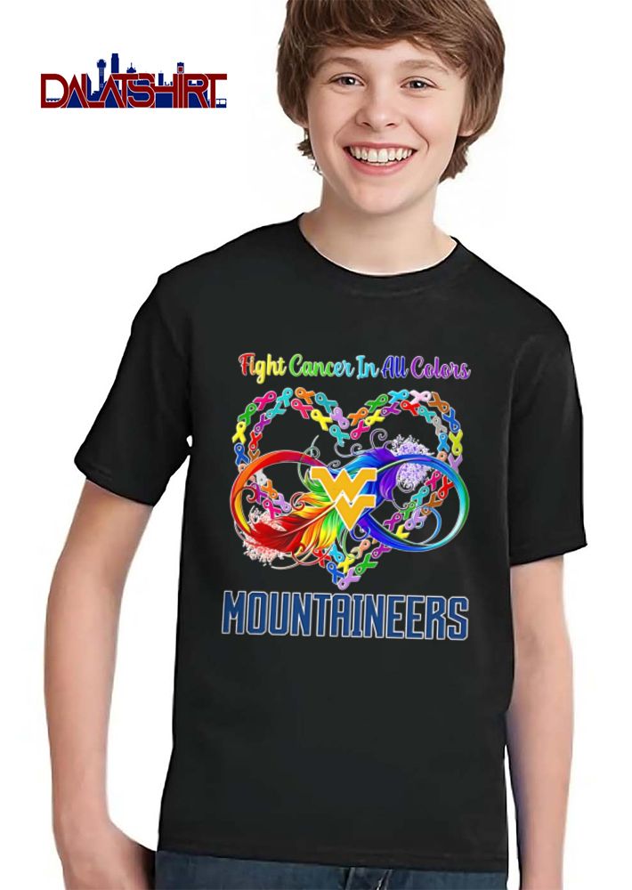 West Virginia Mountaineers NCAA Fight Cancer In All Colors Ribbon Heart Rainbow Feather Infinity Symbol shirt