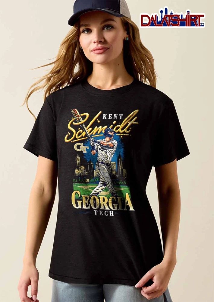 Georgia Tech Yellow Jackets NCAA Kent Schmidt Batter Swinging Hot Dog Bat Atlanta Skyline Field shirt