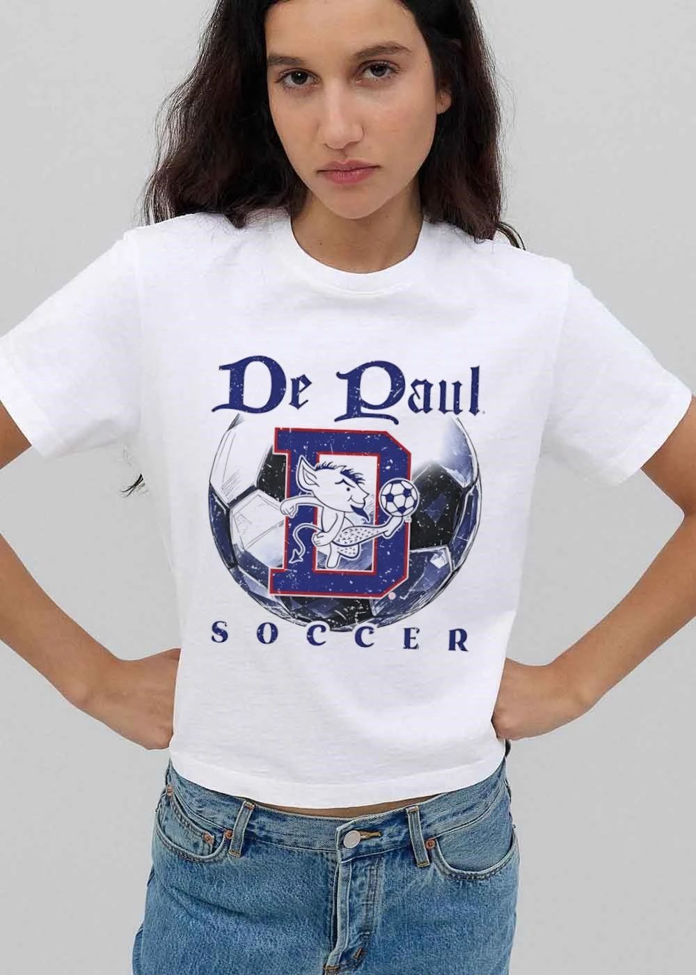 Depaul Blue Demons NCAA Soccer Mascot Kicking Ball Distressed Graphic shirt
