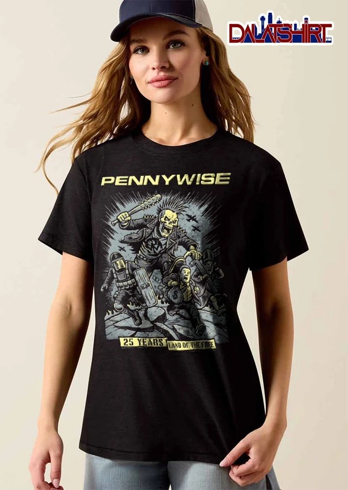 Pennywise 25 Years Land Of The Free Skeleton Mohawk Punk Spiked Bat Chasing Riot Cop Businessman Cartoon shirt