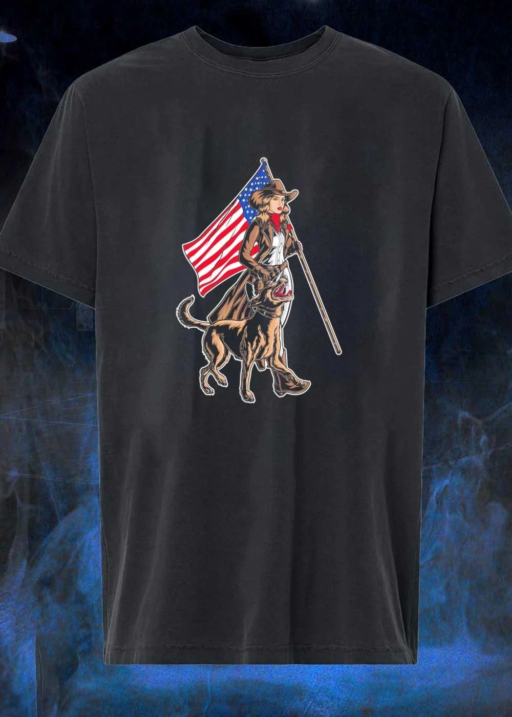 Patriotic Cowgirl and Loyal K9 Guardian Walking with the American Flag T-Shirt