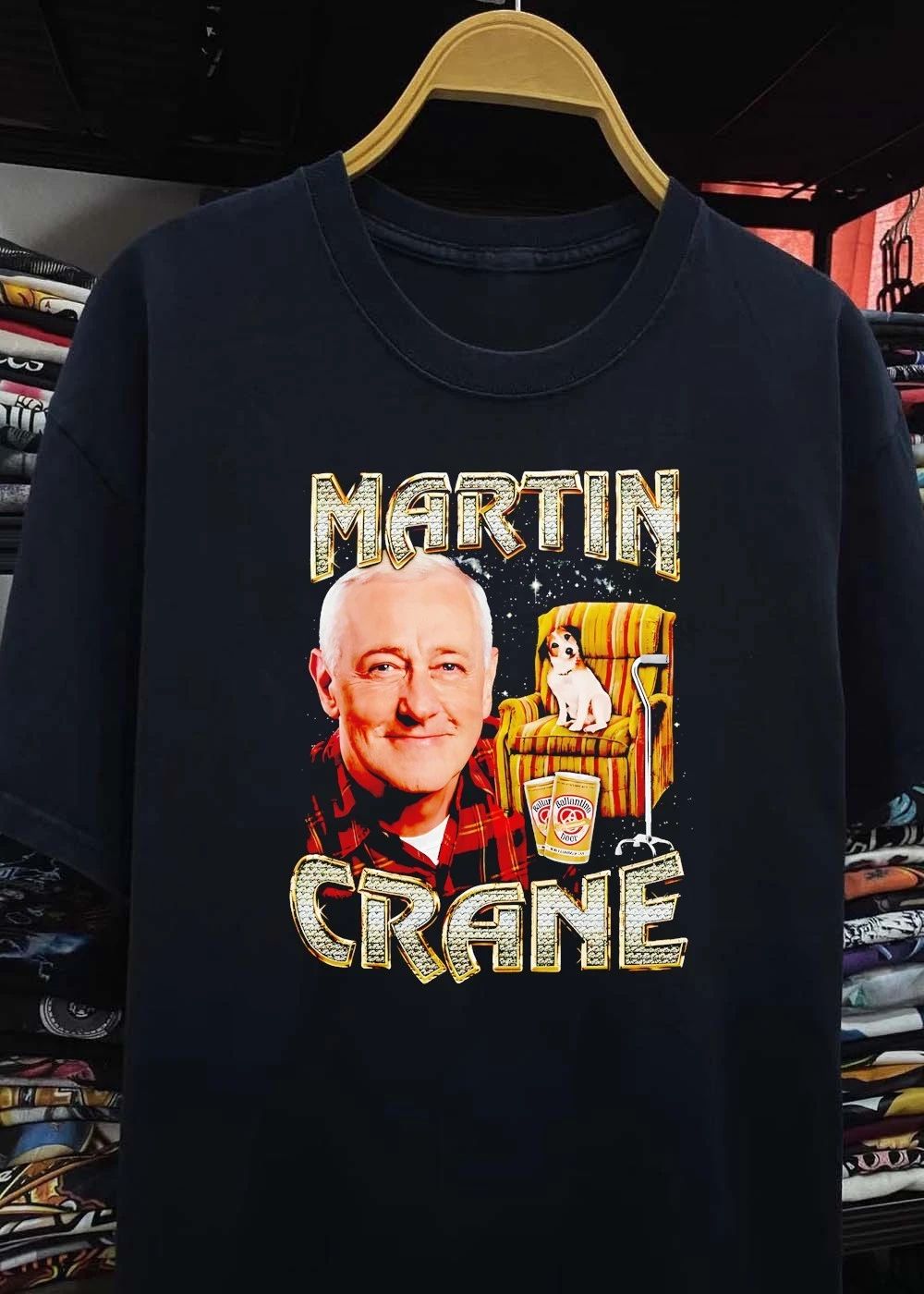 Martin Crane on Striped Chair with Dog and Beer Cans T-Shirt