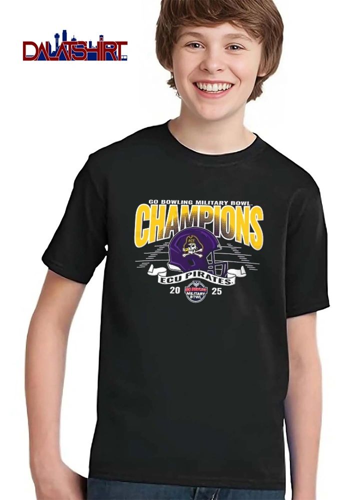 East Carolina Pirates NCAA Go Bowling Military Bowl Champions 2025 Football Helmet Banner Halftone shirt