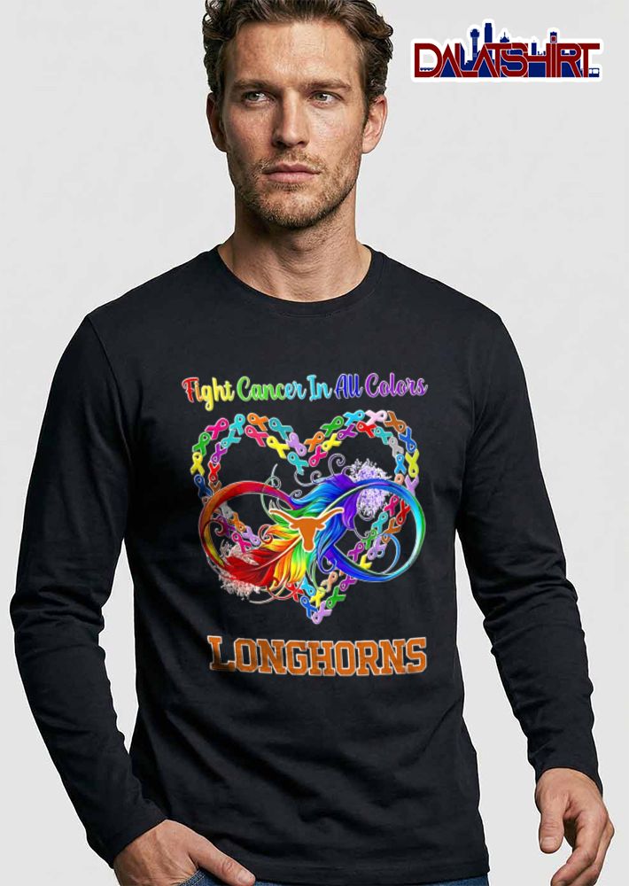 Texas Longhorns NCAA Fight Cancer In All Colors Awareness Ribbon Heart Rainbow Infinity Feather shirt