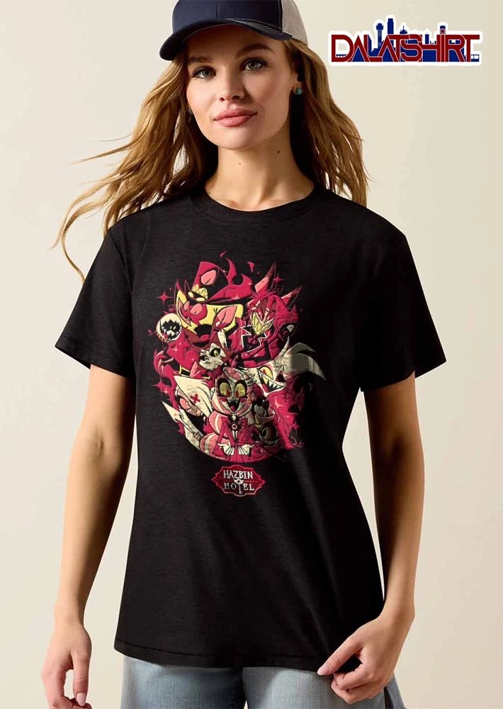 Hazbin Hotel Demon Characters Group Portrait Red Sparkles Cartoon shirt