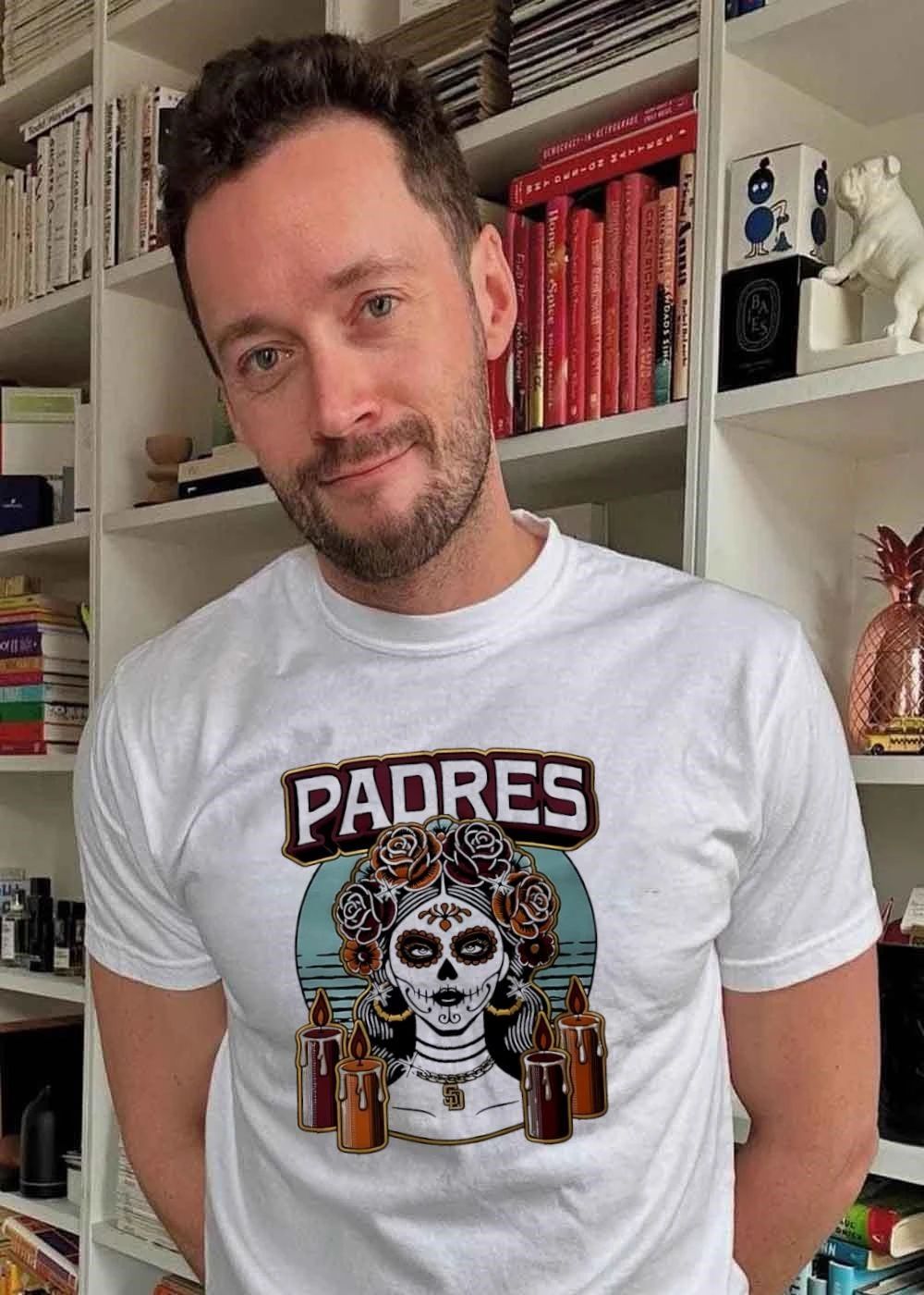 Sugar Skull Woman Wearing SD Pendant Candles Padres Shirt