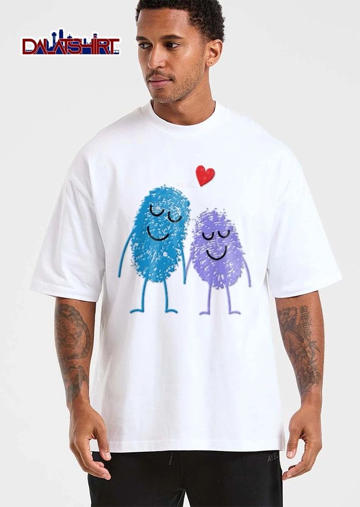 Blue Purple Fingerprint Characters Holding Hands Red Heart Cartoon shirt
