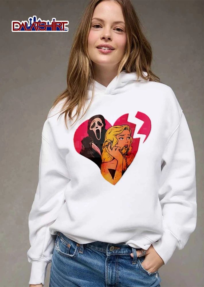Vintage Retro Cartoon Blonde Woman Phone Ghostface Knife Broken Pink Heart shirt