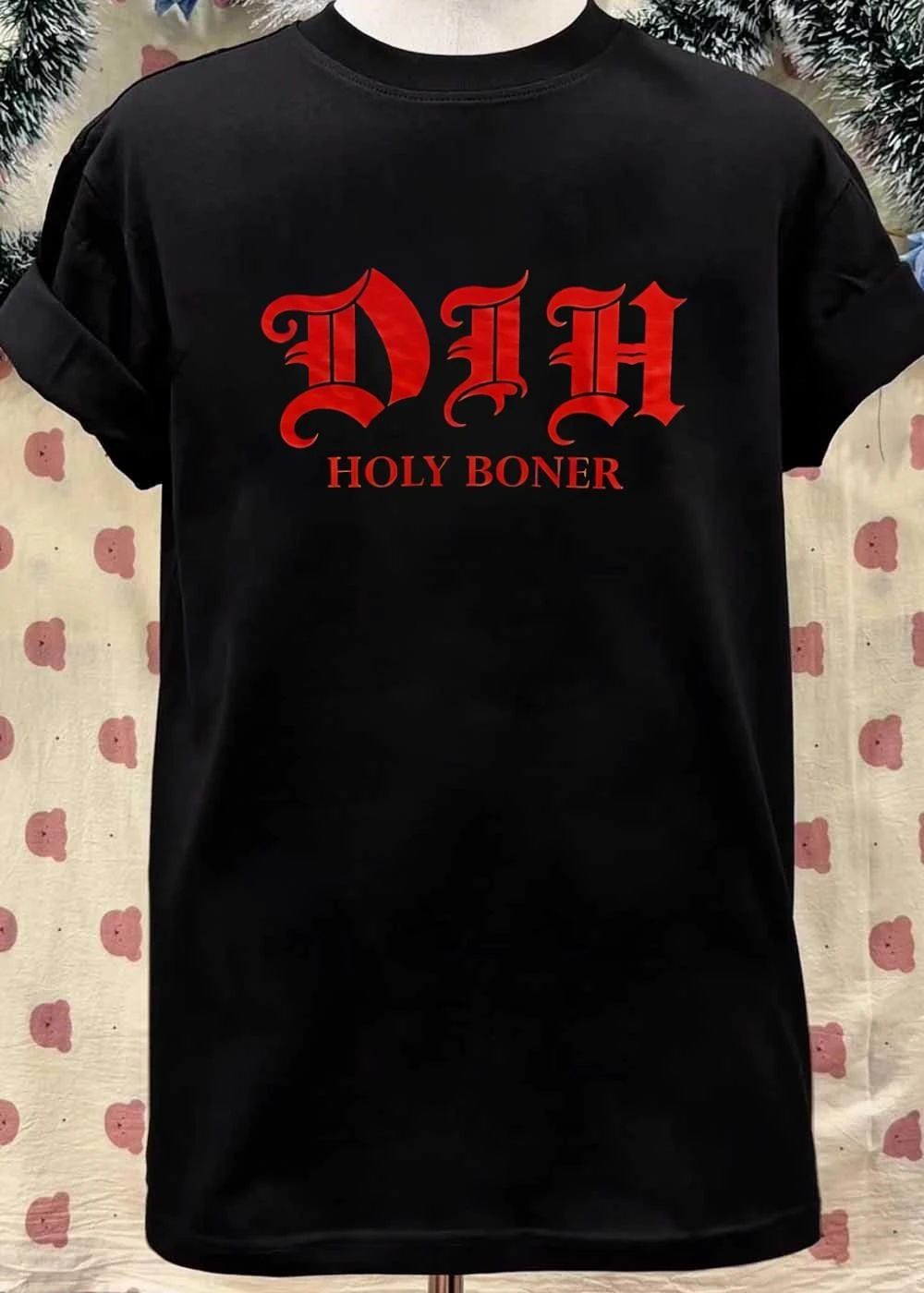 Dih Holy Boner Red Gothic Blackletter Font Textured Lettering shirt