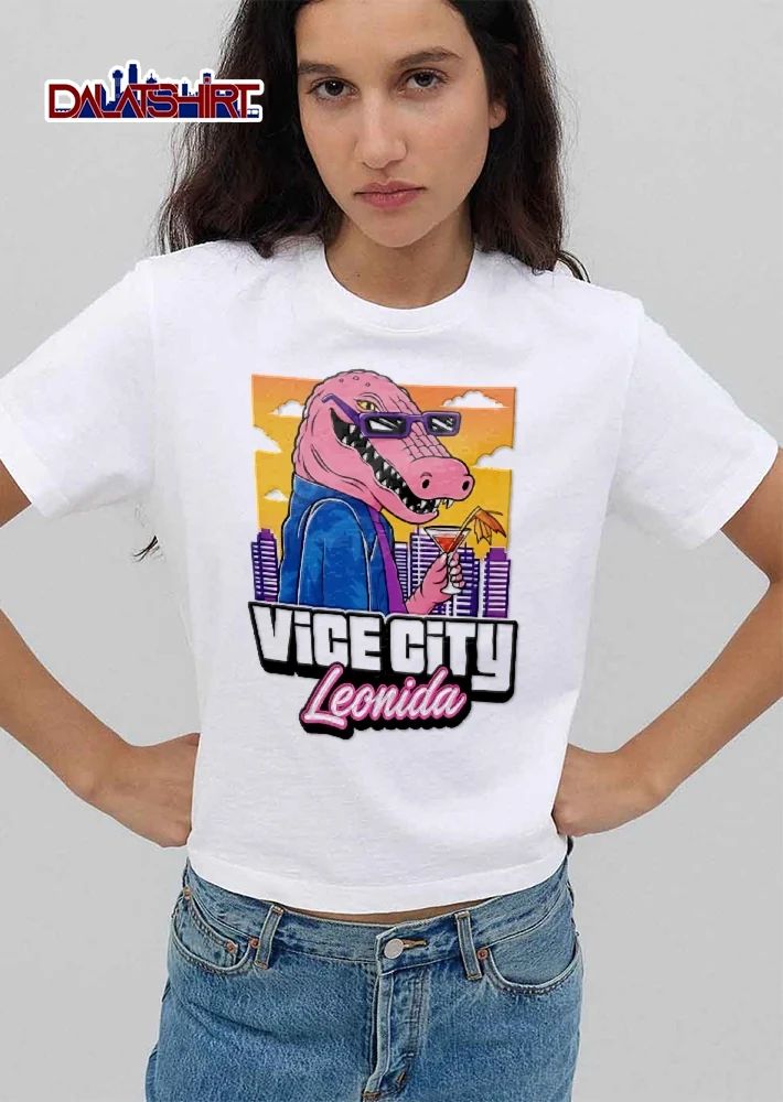 Vice City Leonida Pink Alligator Sunglasses Cocktail Cityscape Cartoon shirt