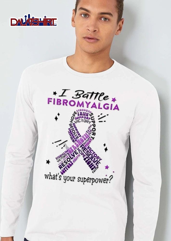 I Battle Fibromyalgia Whats Your Superpower Purple Awareness Ribbon Word Cloud Stars shirt
