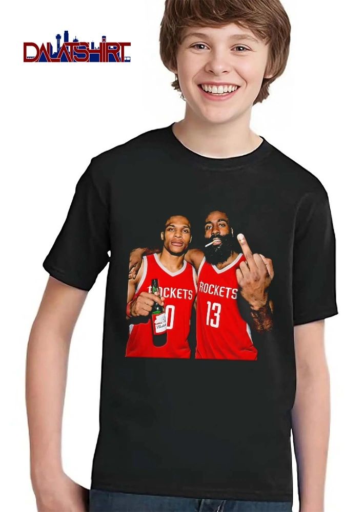 Houston Rockets 0 and 13 Russell Westbrook and James Harden cigarette beer middle finger shirt