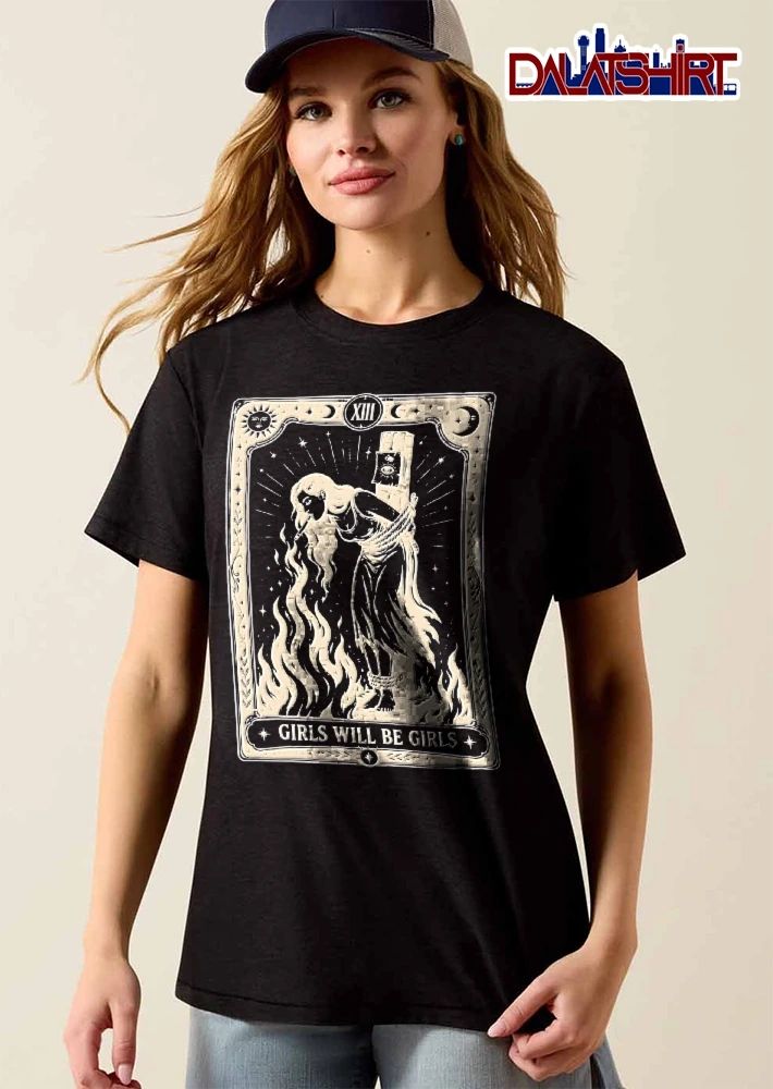 Girls Will Be Woman Tied Stake Lighting Cigarette Flame Tarot Card Line Art shirt