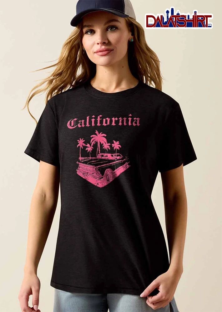 California Pink Vintage Car Palm Trees Distressed shirt