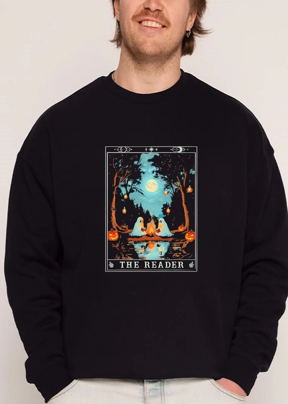 The Reader Tarot Card Cute Ghosts Reading Campfire Forest shirt