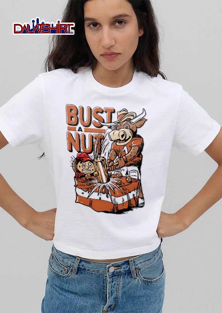 Bust A Nut Cartoon Longhorn Mascot Smashing Buckeye Character Wooden Mallet shirt