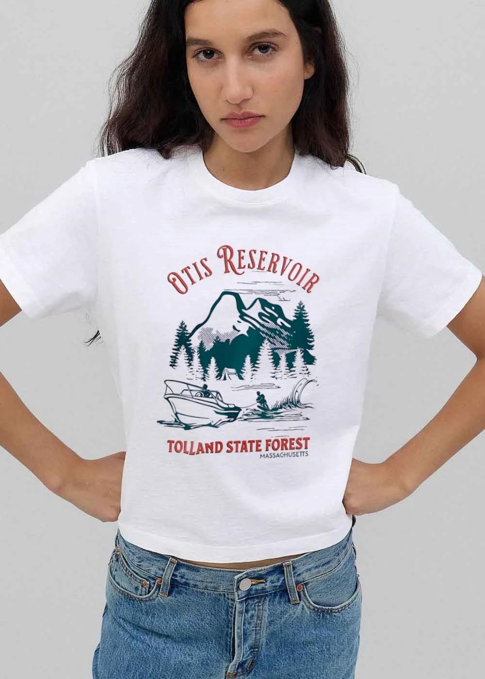 Otis Reservoir Tolland State Forest Massachusetts Mountains Tent Motorboat Waterskier Line Art shirt