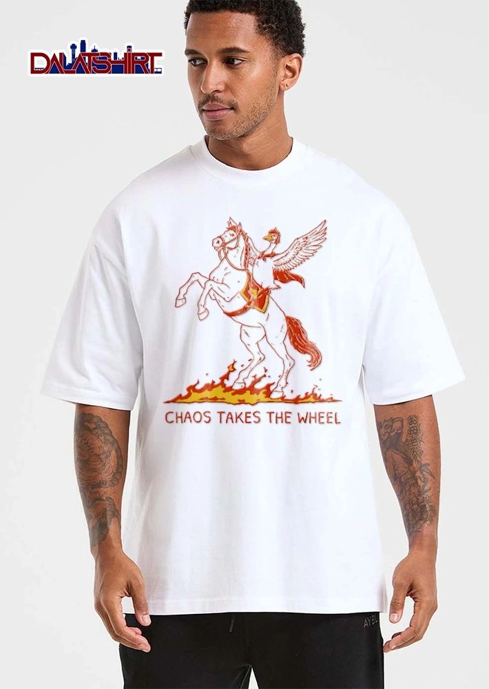 Chaos Takes The Wheel Goose Helmet Riding Rearing Horse Flames shirt