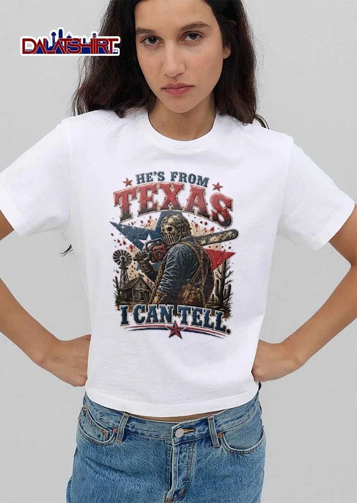 Hes From Texas I Can Tell Masked Killer Chainsaw Lone Star Cabin Cactus Splatter shirt