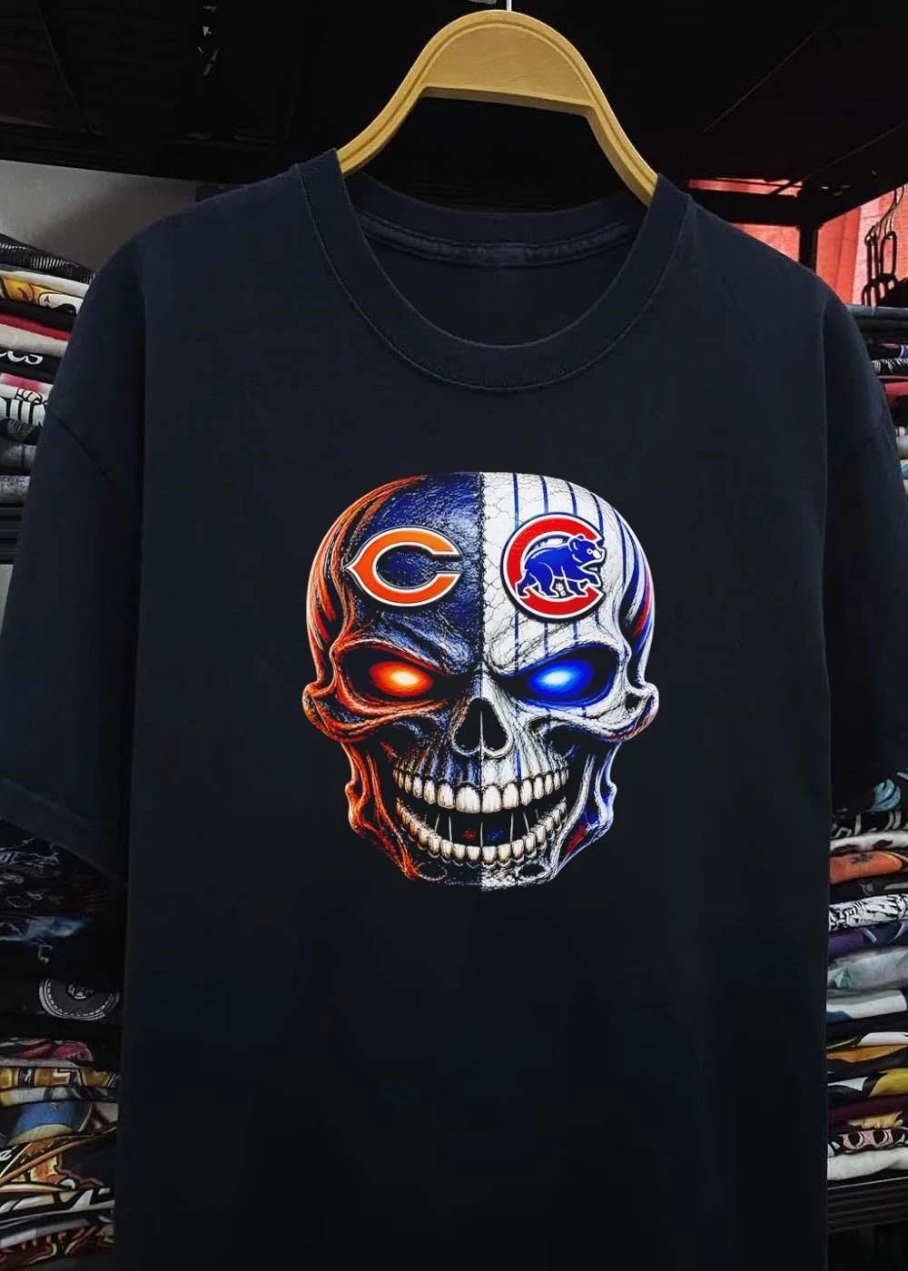 Chicago Fan Apparel Skull Split Logo Bears and Cubs T-Shirt