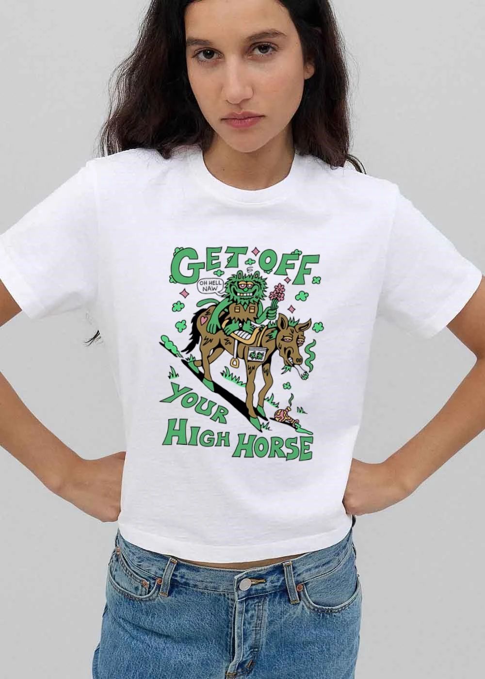 Premium Killer Acid Get Off Your High Horse Oh Hell Naw Green Monster Riding Stoned Animal Bong Cartoon shirt