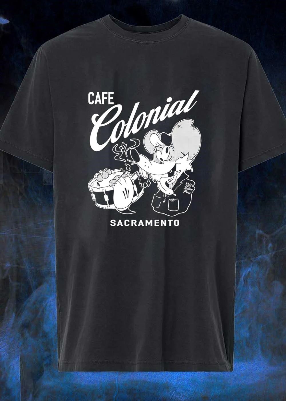 Odd Fellow Press Cafe Colonial Sacramento Mouse Playing Drum T-Shirt