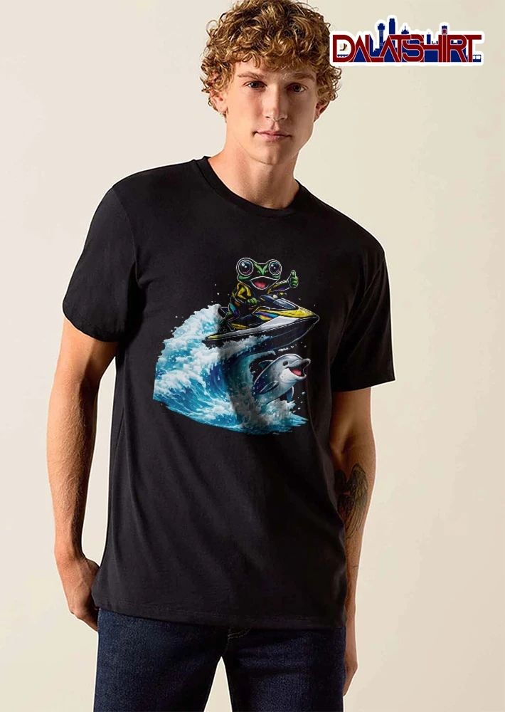 Cartoon Green Frog Giving Thumbs Up Riding Jet Ski Ocean Wave Dolphin shirt