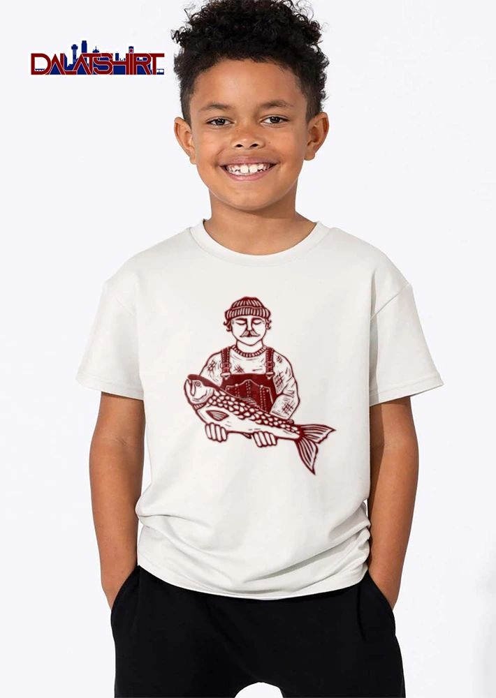 Red Line Art Fisherman Beanie Sweater Overalls Holding Big Fish shirt