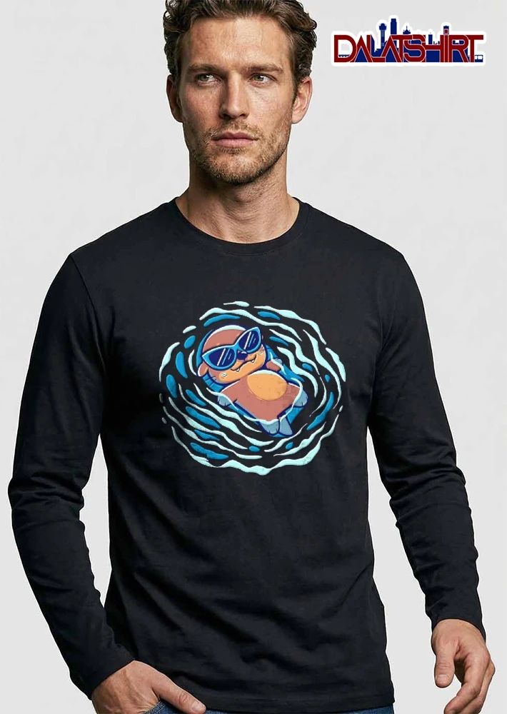 Cartoon Cute Otter Floating In Water Wearing Sunglasses Ripples shirt