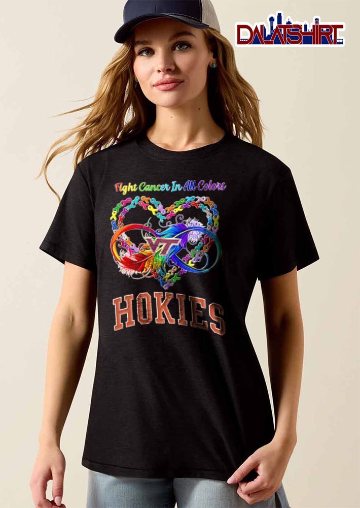 Virginia Tech Hokies NCAA Fight Cancer In All Colors Rainbow Infinity Feather Ribbon Heart shirt