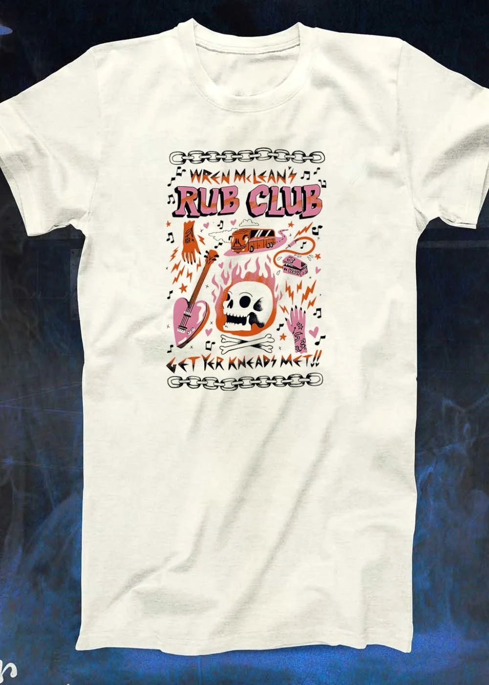 Rub Club Get Yr Kneads Met Wren Mcleans Flaming Skull Heart Guitar Tour Bus shirt