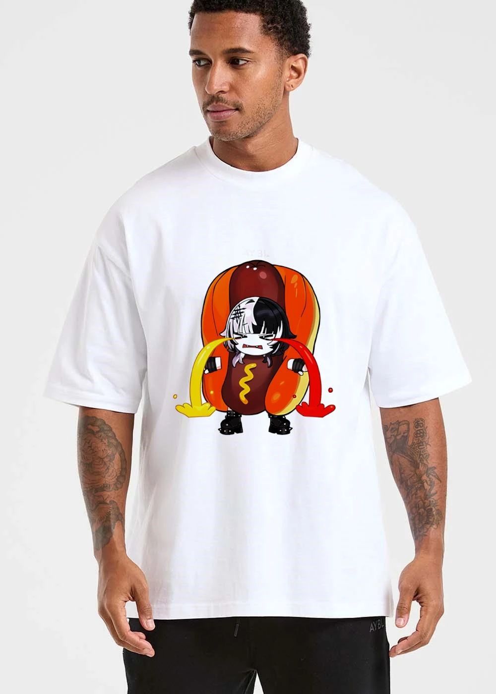 Chibi Anime Girl Hotdog Costume Crying Ketchup Mustard Cartoon shirt