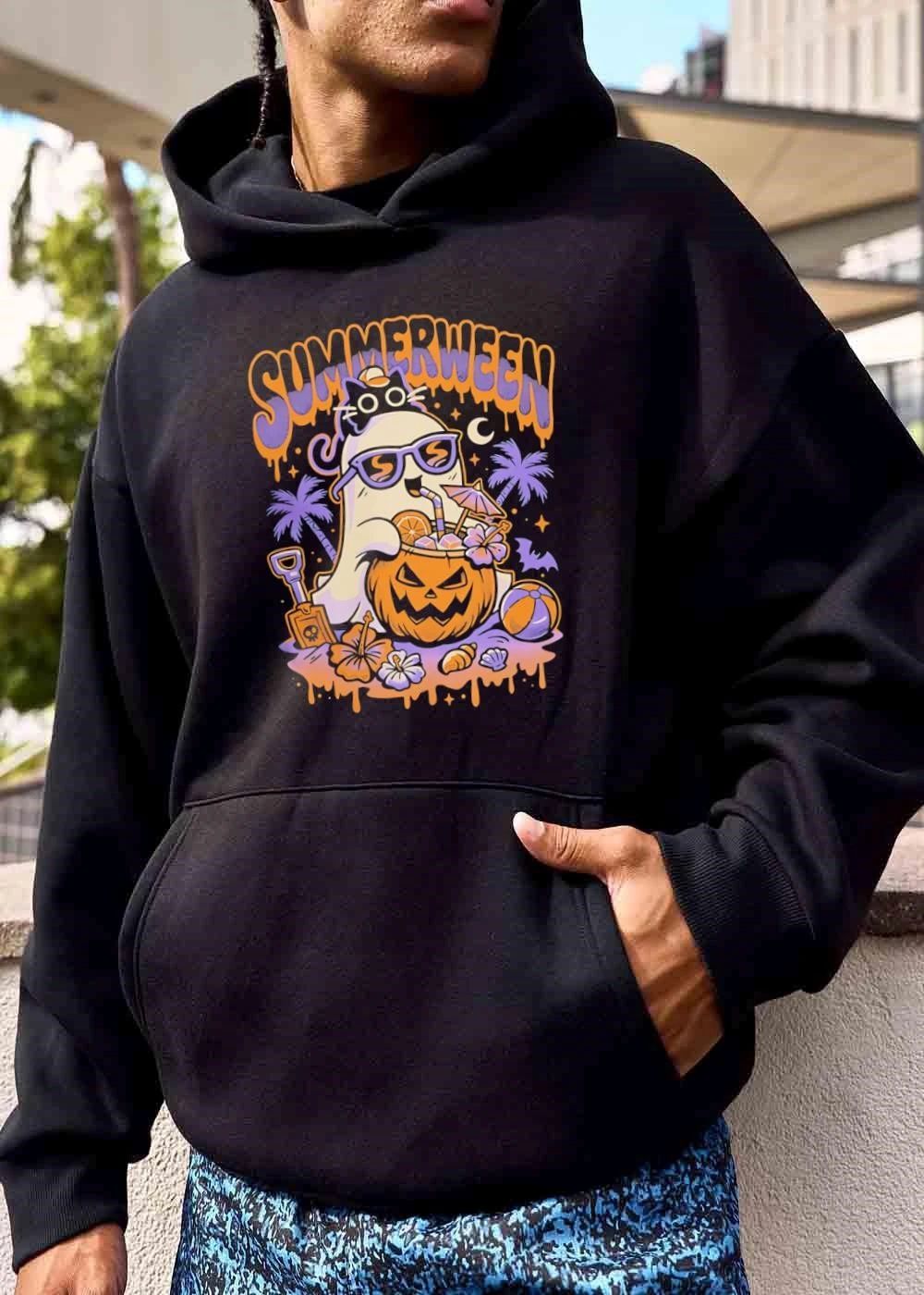 Summerween Cartoon Ghost Sunglasses Drinking Pumpkin Beach shirt
