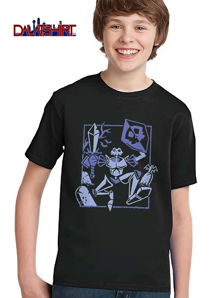 Skeleton knight with sword and shield in graveyard retro gaming shirt