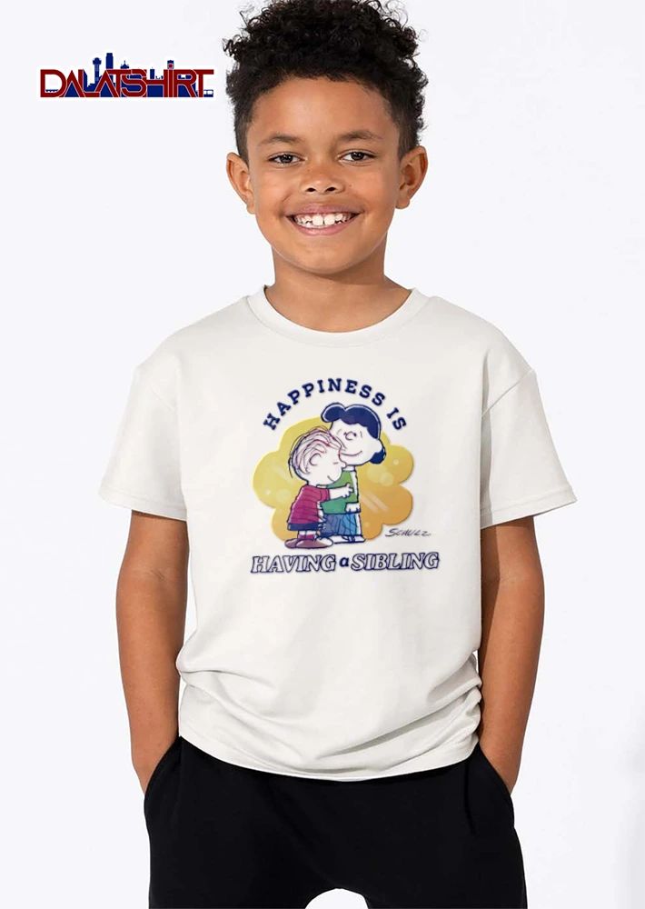 Peanuts Happiness Is Having A Sibling Schulz Cartoon Linus Hugging Lucy shirt