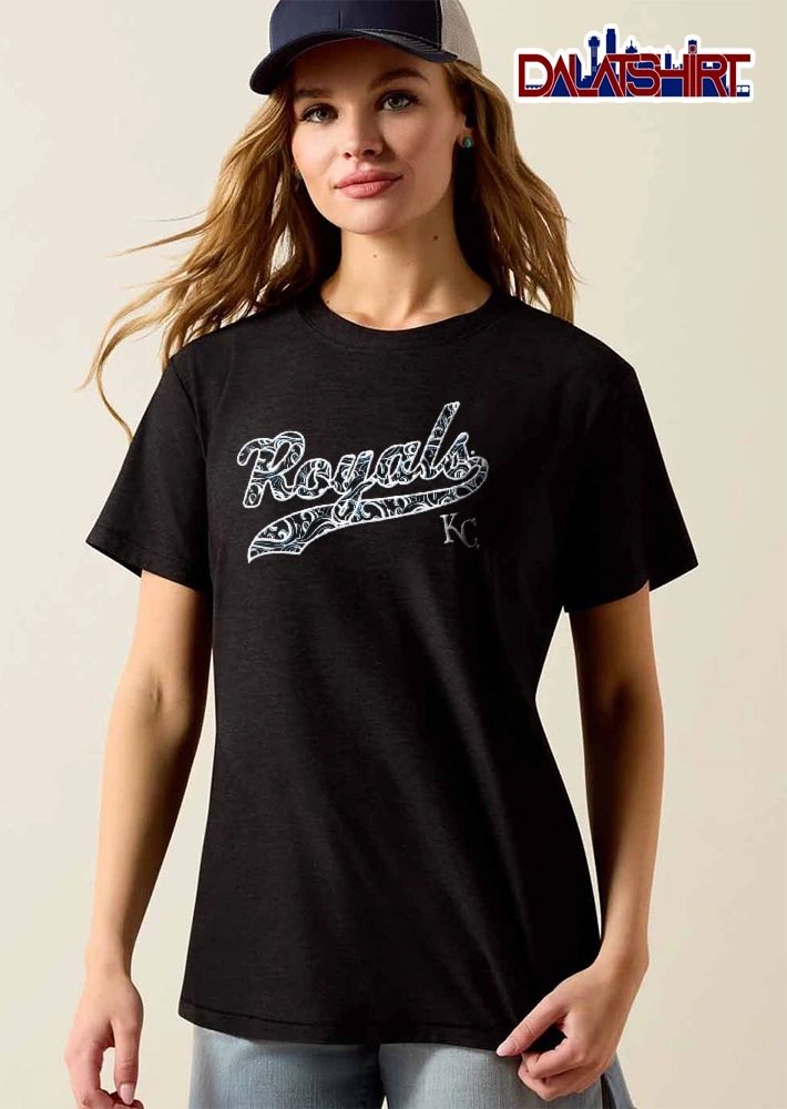 Kansas City Royals MLB KC Ornate Blue White Swirl Script Fill shirt