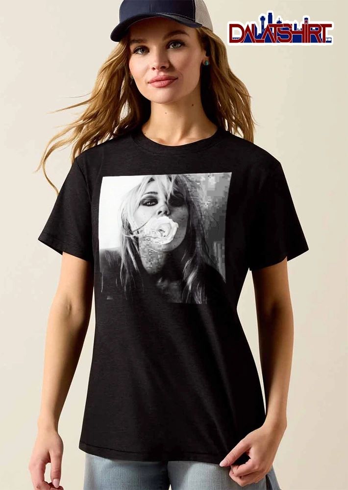 Black And White Blonde Hair Holding White Rose In Mouth Close Up Photo shirt
