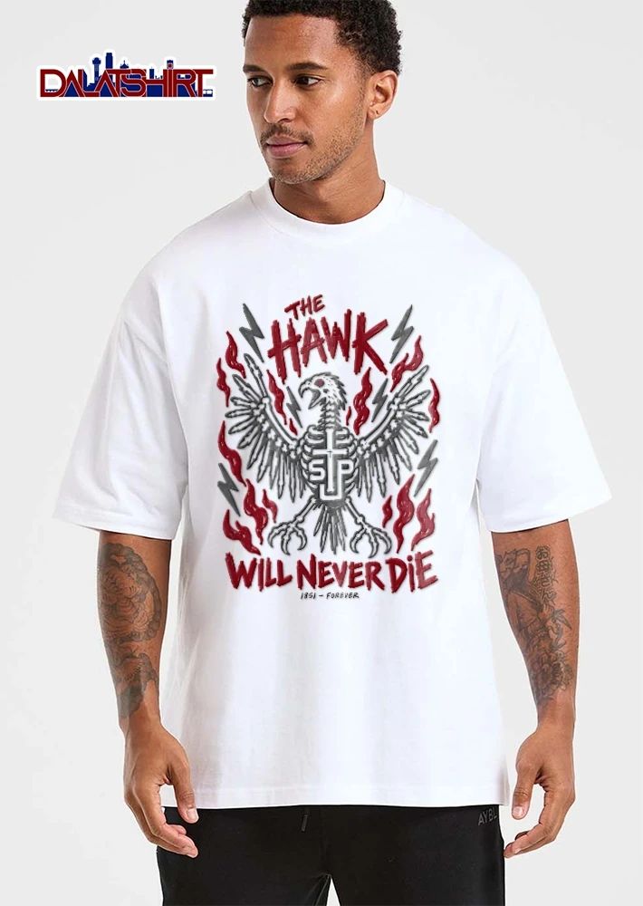 The Hawk Will Never Die 1851 Forever Skeletal Bird Wings Cross Flames Lightning Line Art shirt